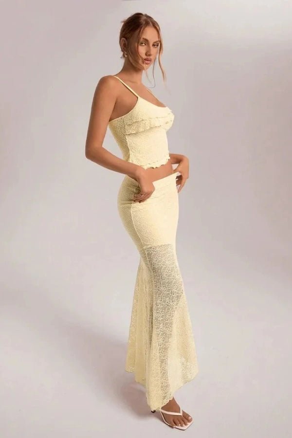 Floral Lace Ruffle Camisole and Asymmetric Maxi Skirt Set