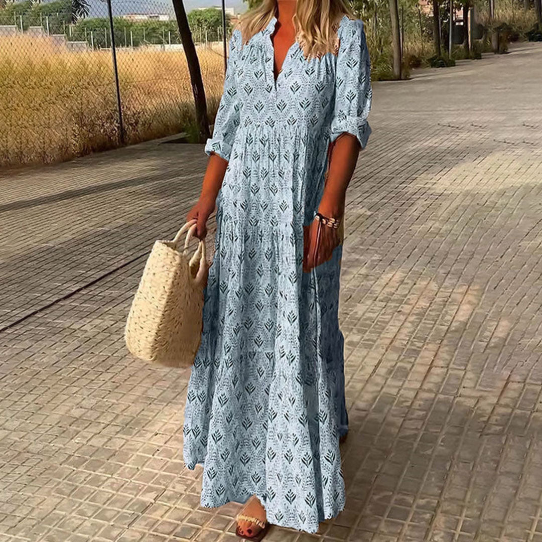 Boho Print V-Neck Maxi Dress With Roll-Up Sleeves