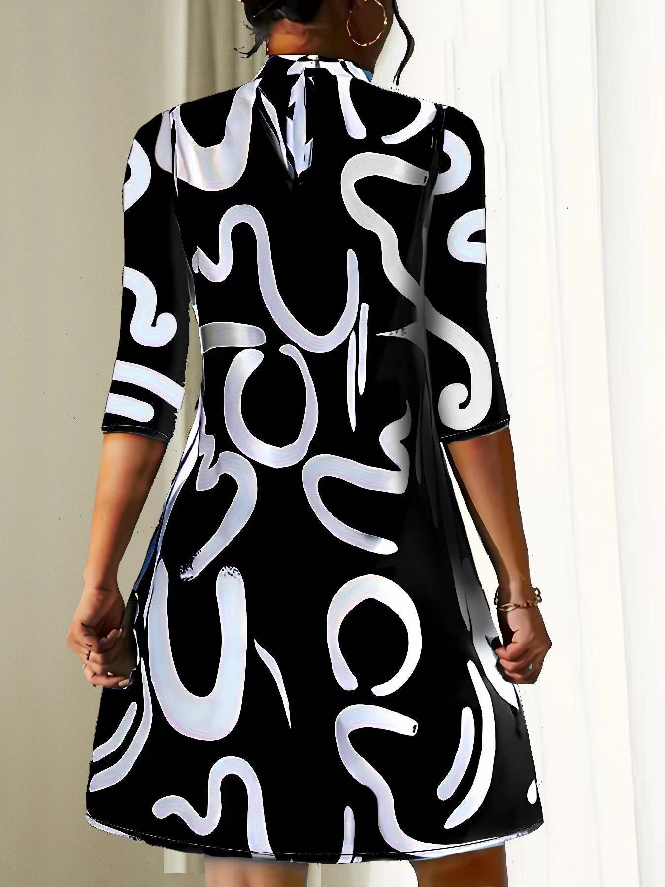Round Neck Three Quarter Sleeve Mini Dress