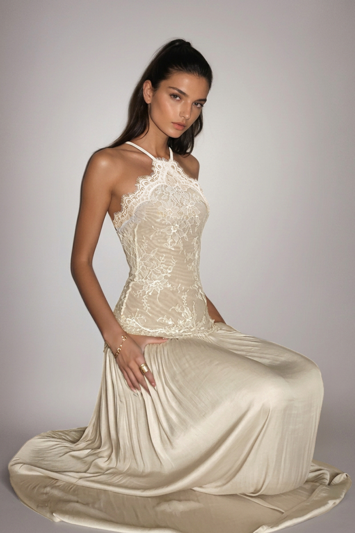 Floral Lace Ruched Maxi Dress