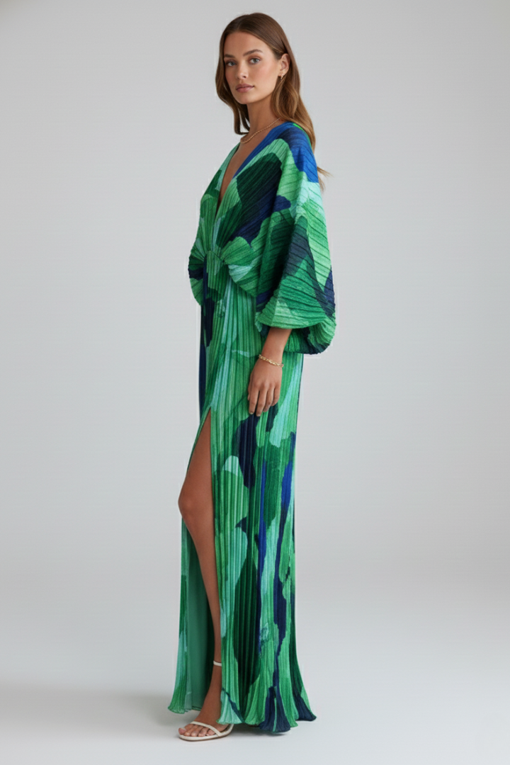 V-Neck Maxi Dress with Loose Sleeves and Side Slit
