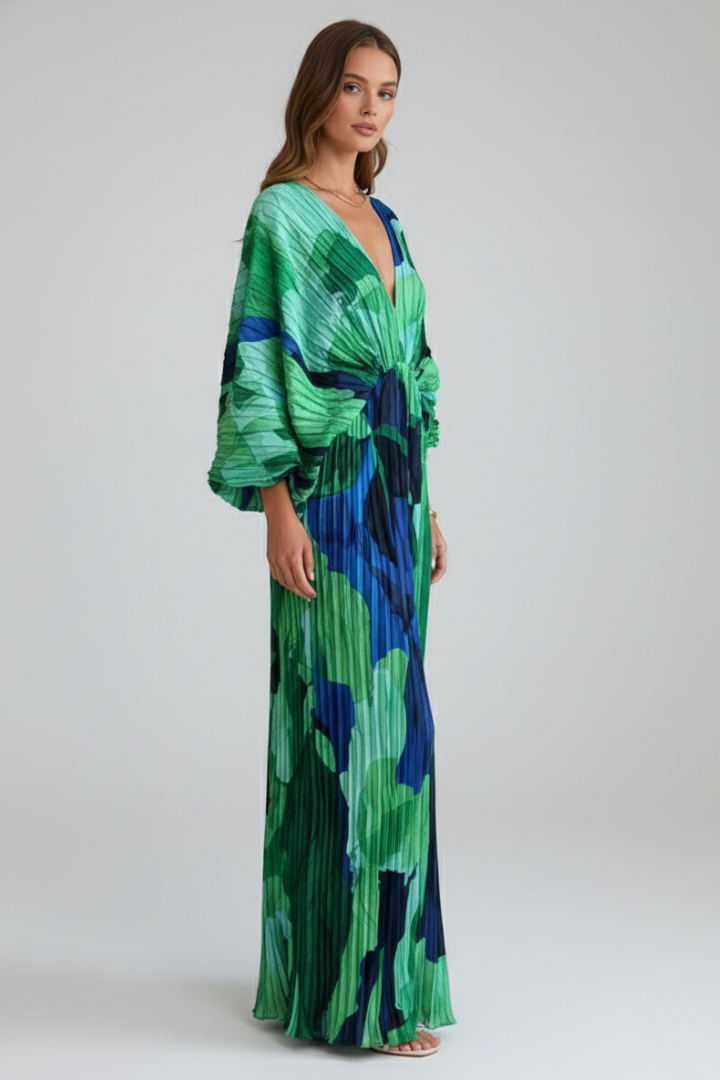 V-Neck Maxi Dress with Loose Sleeves and Side Slit
