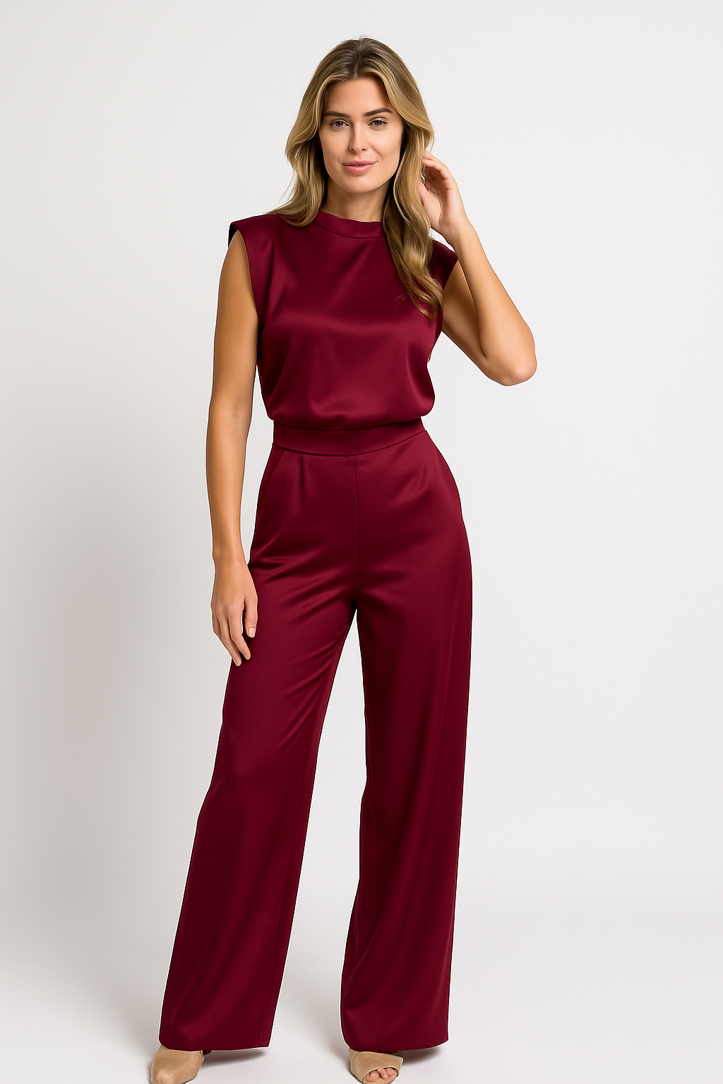 Satin Jumpsuit for Women - Sleeveless Open Back Wide Leg Party Jumpsuit