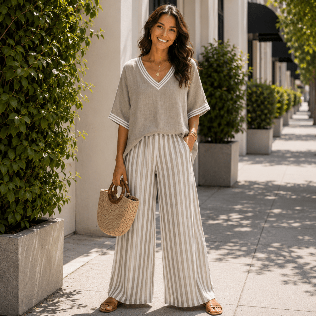 Striped Wide-Leg Trouser and V-Neck Top Co-ord