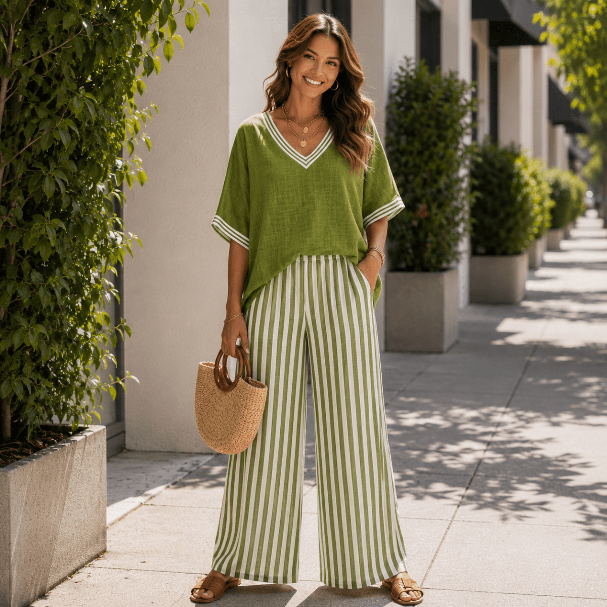 Striped Wide-Leg Trouser and V-Neck Top Co-ord
