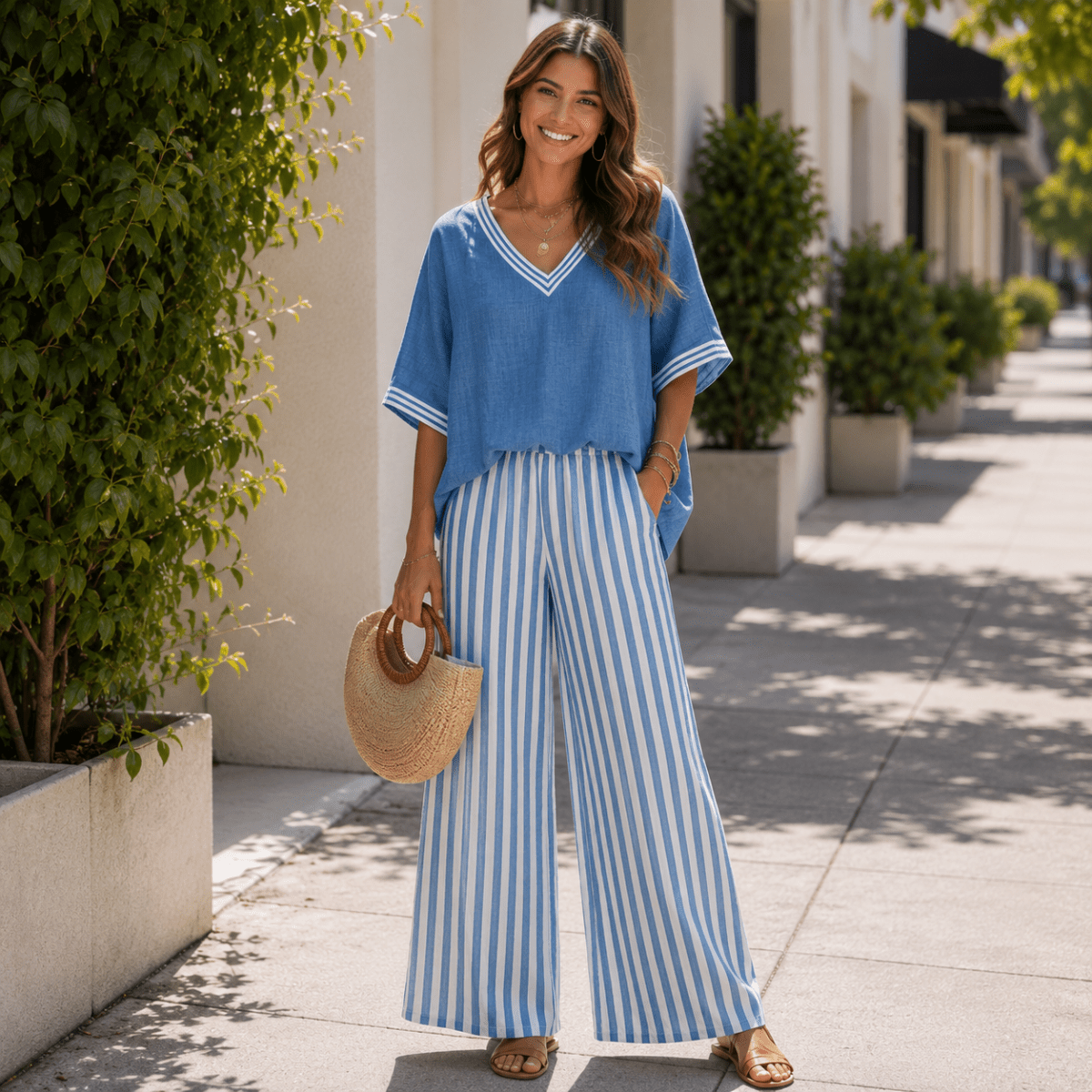 Striped Wide-Leg Trouser and V-Neck Top Co-ord