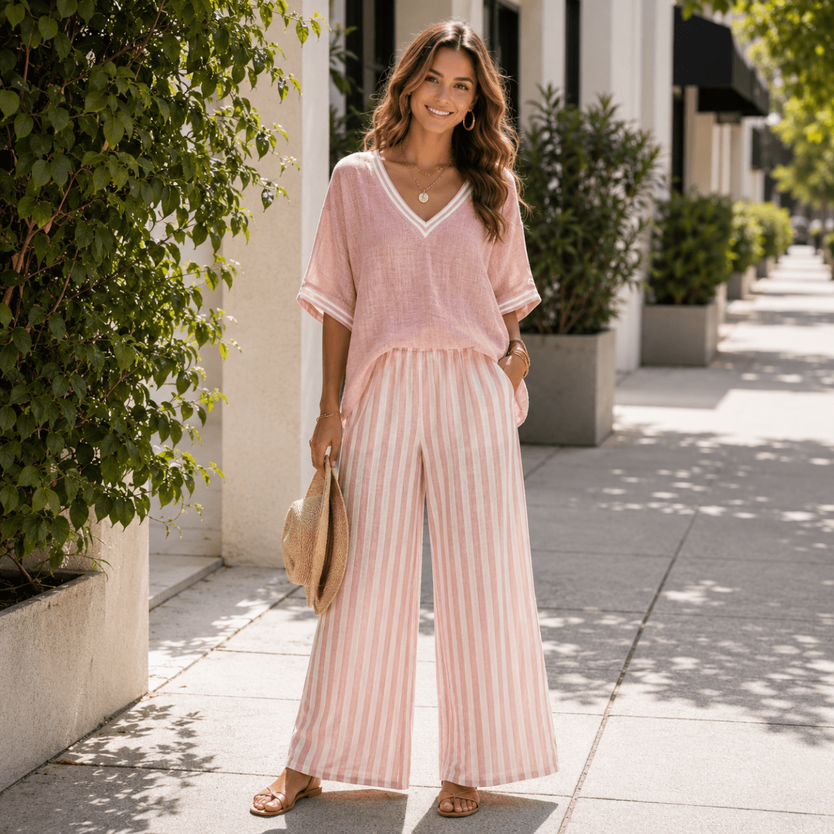 Striped Wide-Leg Trouser and V-Neck Top Co-ord