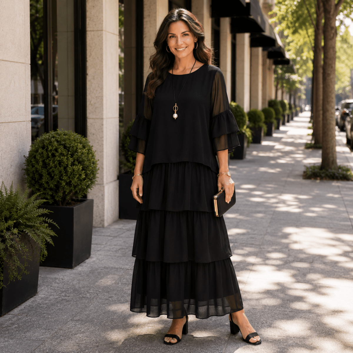 Flowy Tiered Maxi Dress with Wide Sleeves