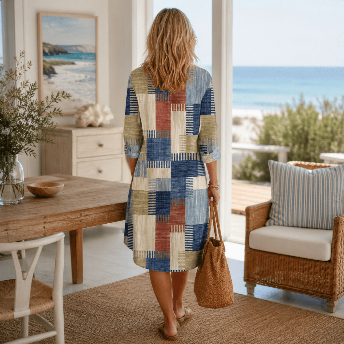 Patchwork Midi Shirt Dress with Button Front