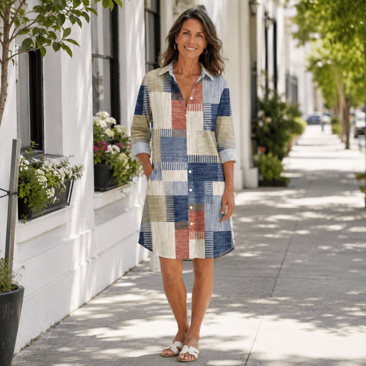 Patchwork Midi Shirt Dress with Button Front