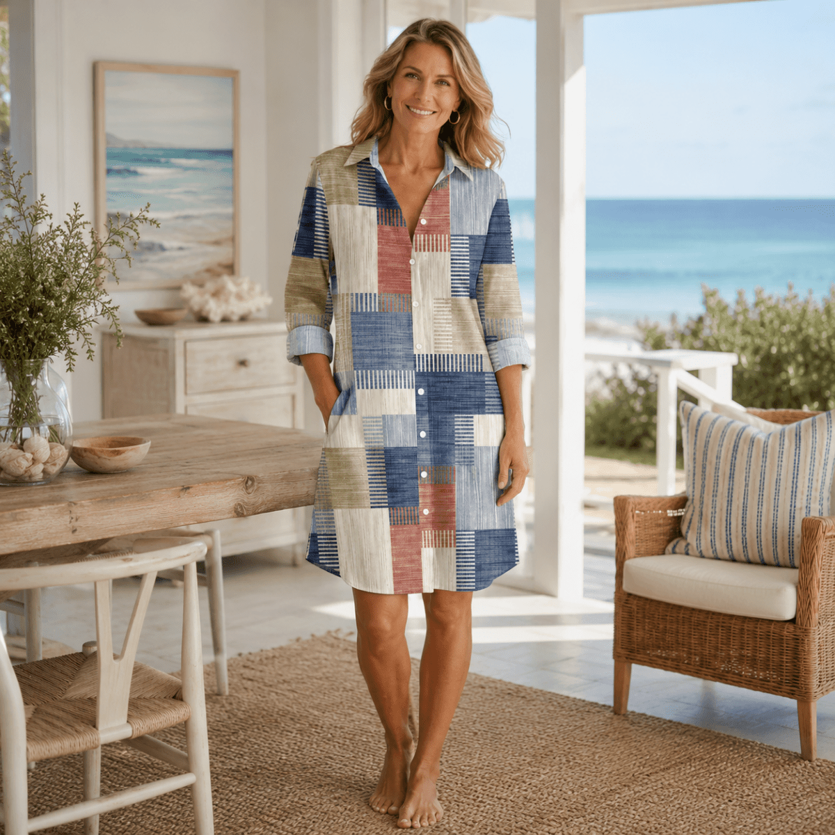 Patchwork Midi Shirt Dress with Button Front