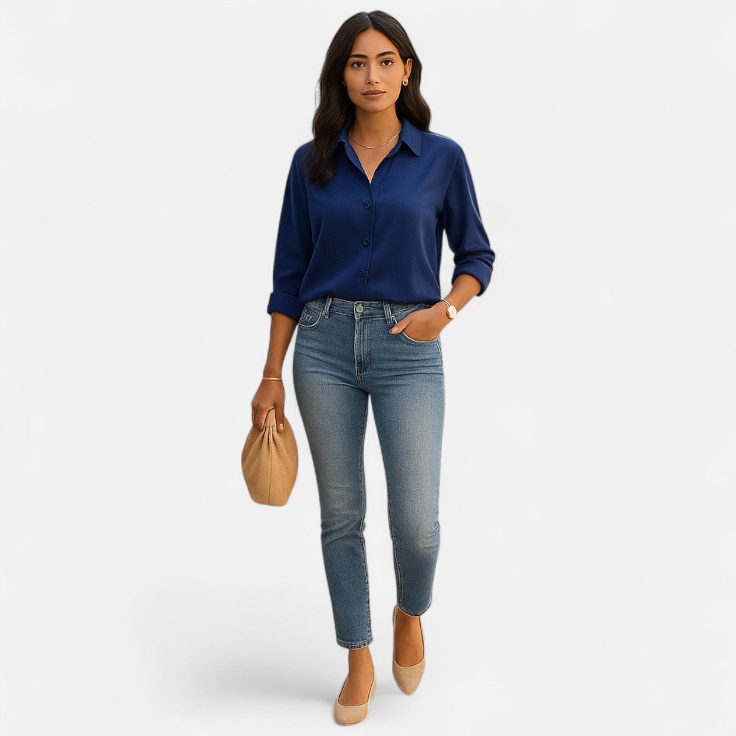 Women's Fluid Blouse With Classic Collar and Button Front