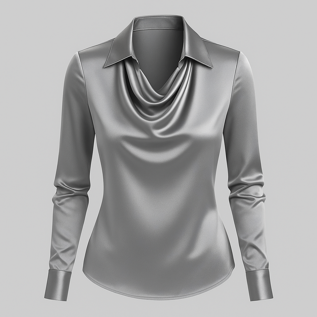 Satin Blouse for Women - Waterfall Neckline Long Sleeve Elegant Top