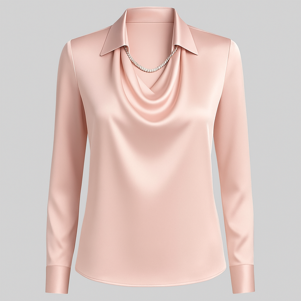 Satin Blouse for Women - Waterfall Neckline Long Sleeve Elegant Top