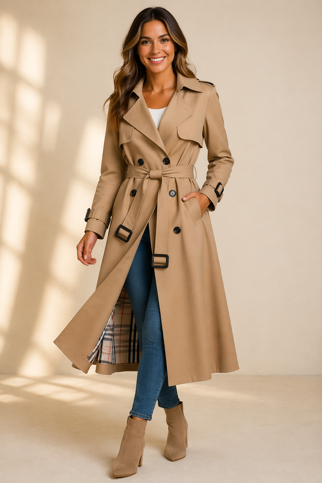 Celoura | Classic Double-Breasted Belted Trench Coat