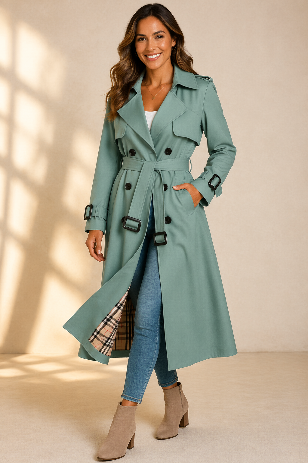 Celoura | Classic Double-Breasted Belted Trench Coat