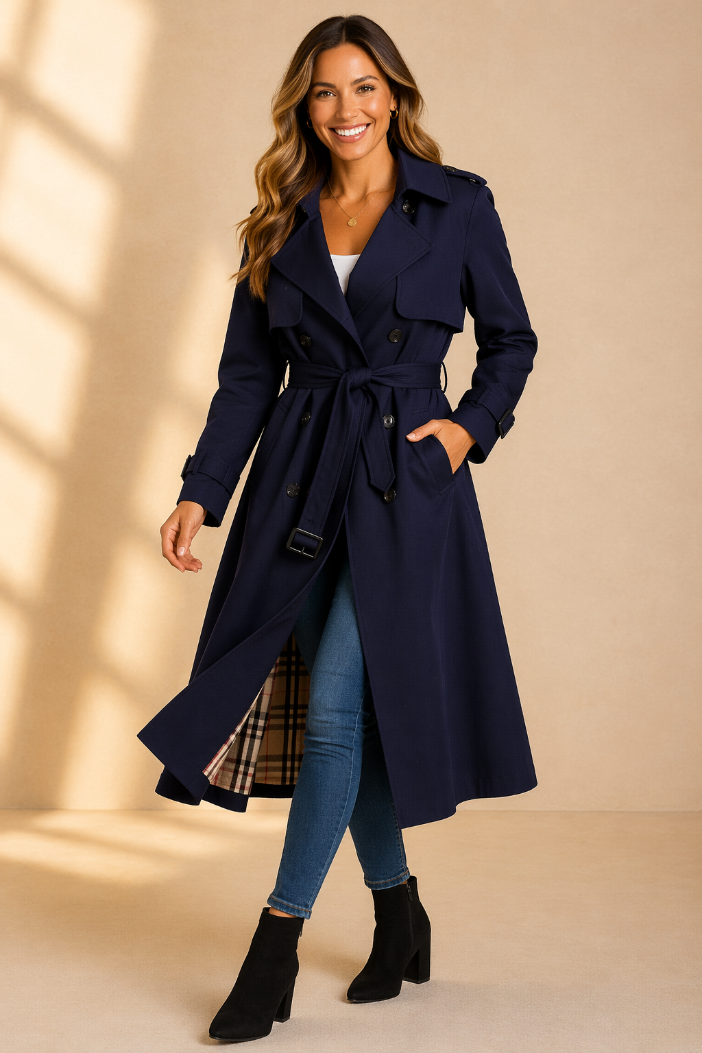 Celoura | Classic Double-Breasted Belted Trench Coat