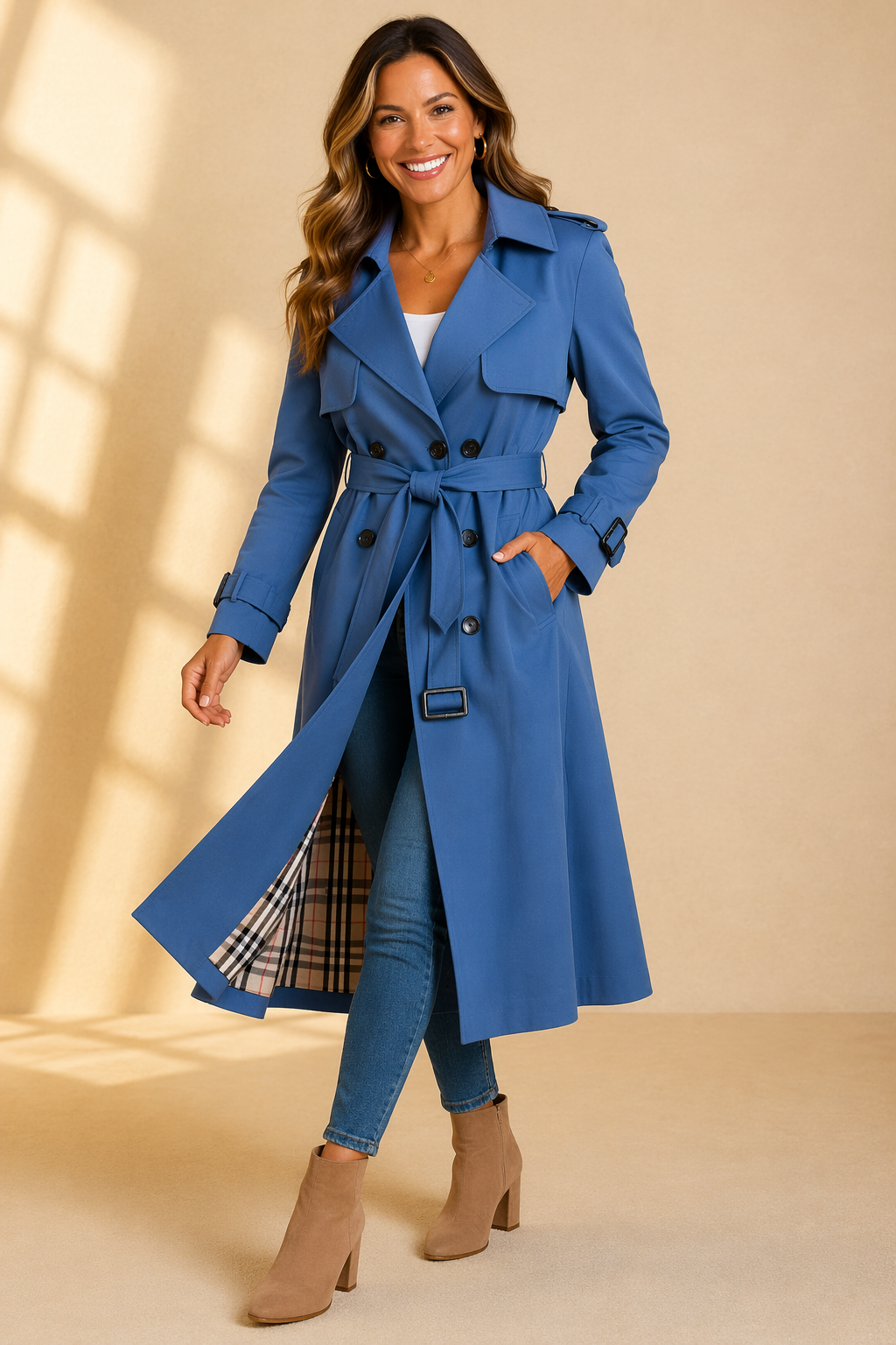 Celoura | Classic Double-Breasted Belted Trench Coat