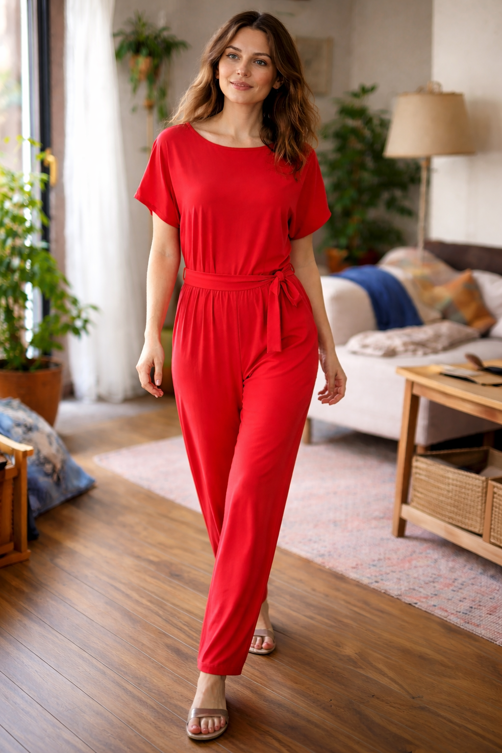 Women's Wide-Leg Jumpsuit With Tie Belt