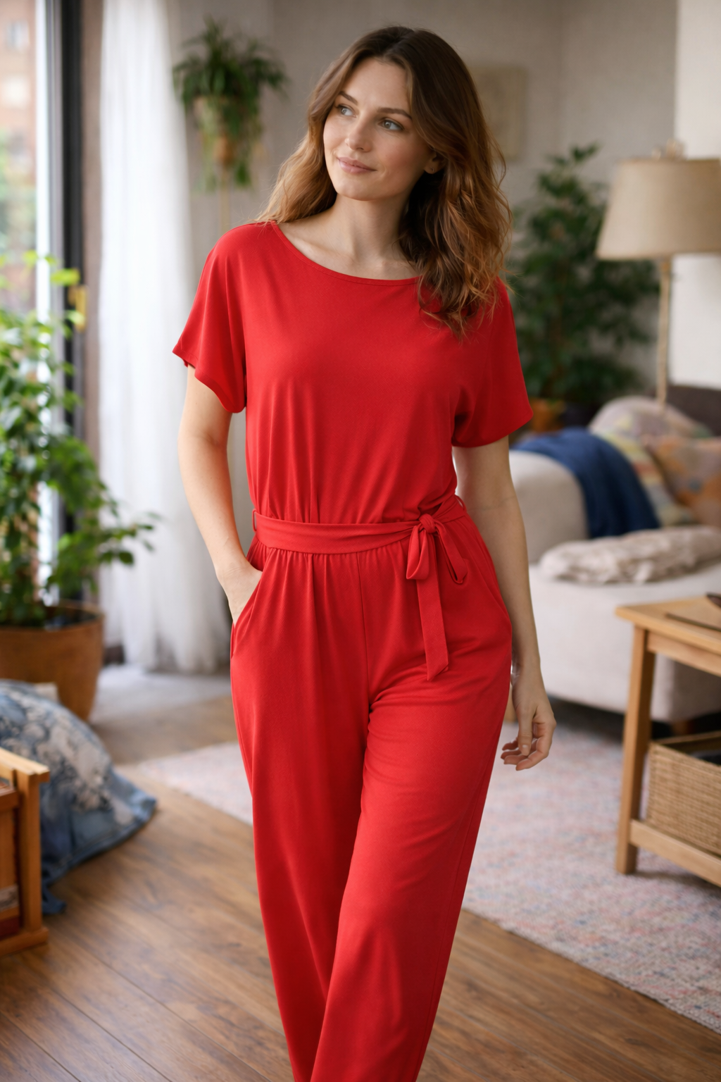 Women's Wide-Leg Jumpsuit With Tie Belt