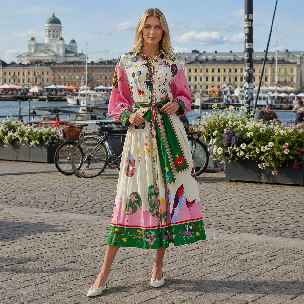Vintage Print Ankle Length Midi Dress