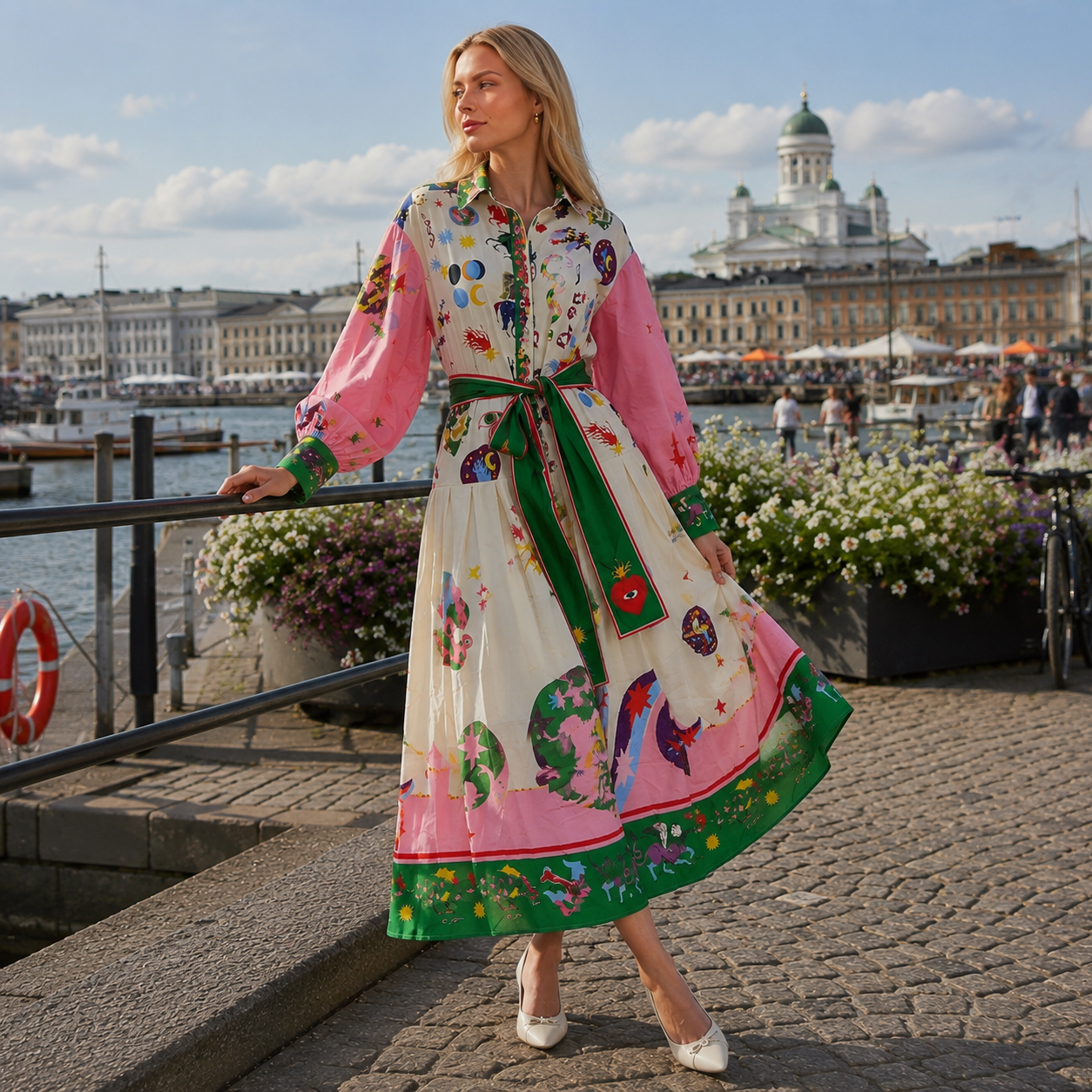 Vintage Print Ankle Length Midi Dress