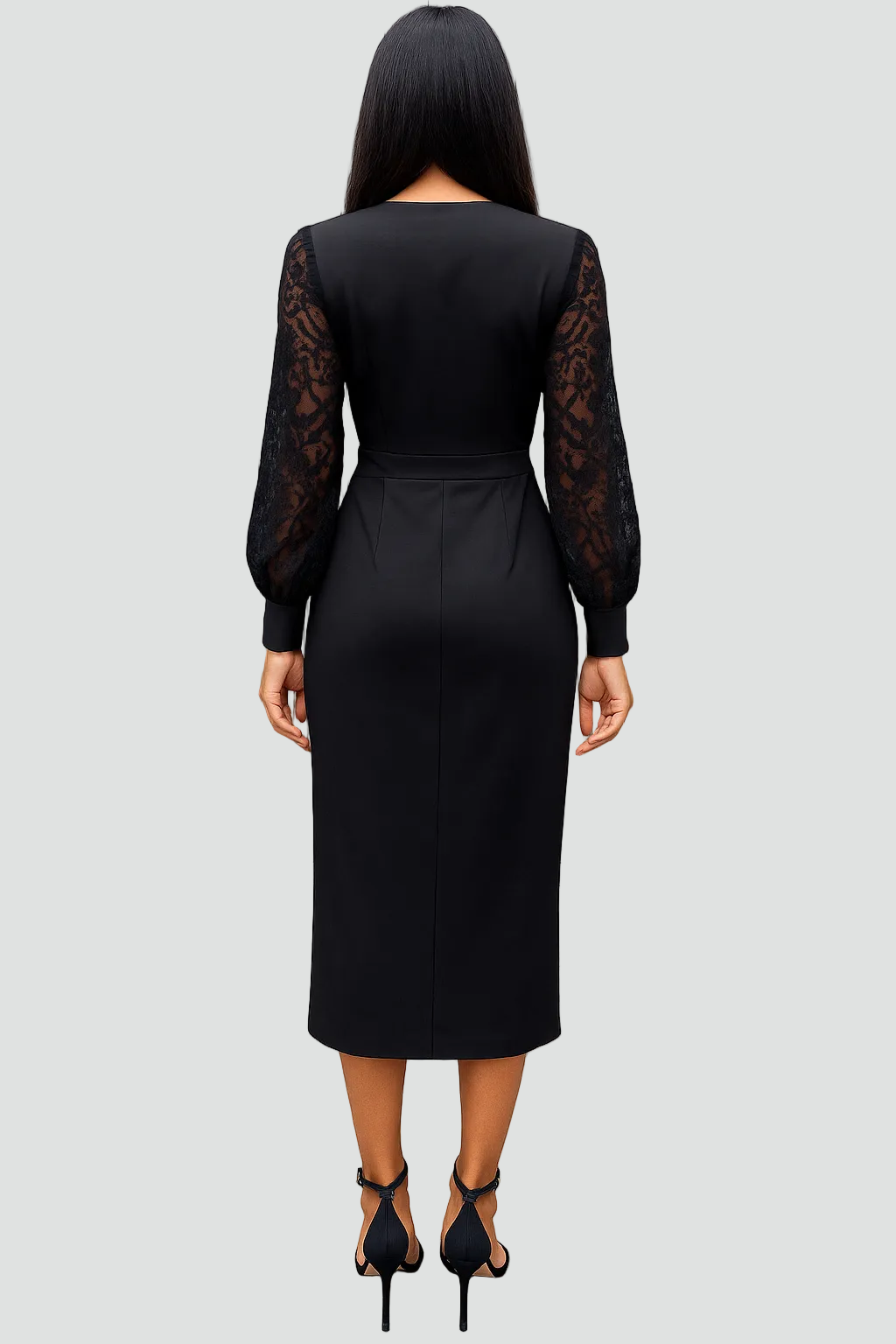 Midi Cocktail Dress With V-Neck and Lace Sleeves