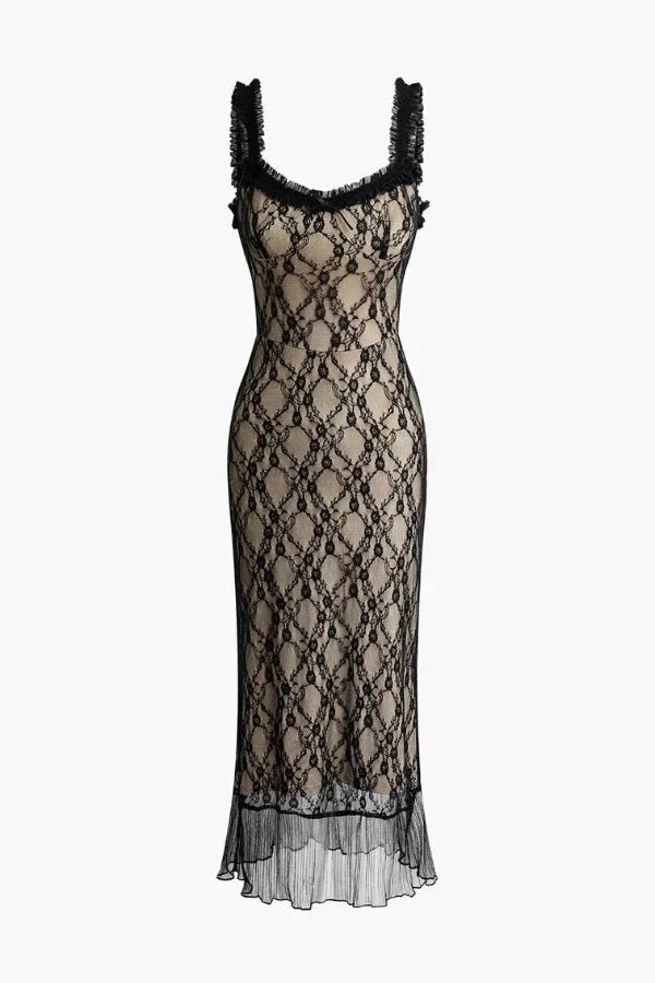 Bodycon Lace Midi Dress with Ruffled Chiffon Hem