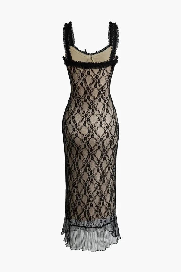 Bodycon Lace Midi Dress with Ruffled Chiffon Hem
