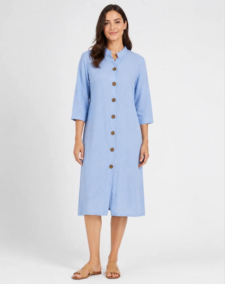 Button Front Linen Midi Shirt Dress