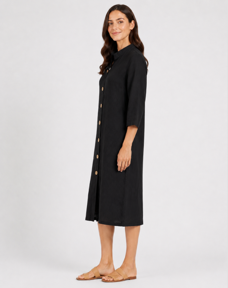 Button Front Linen Midi Shirt Dress
