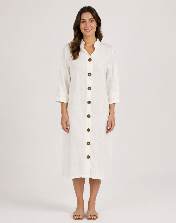 Button Front Linen Midi Shirt Dress