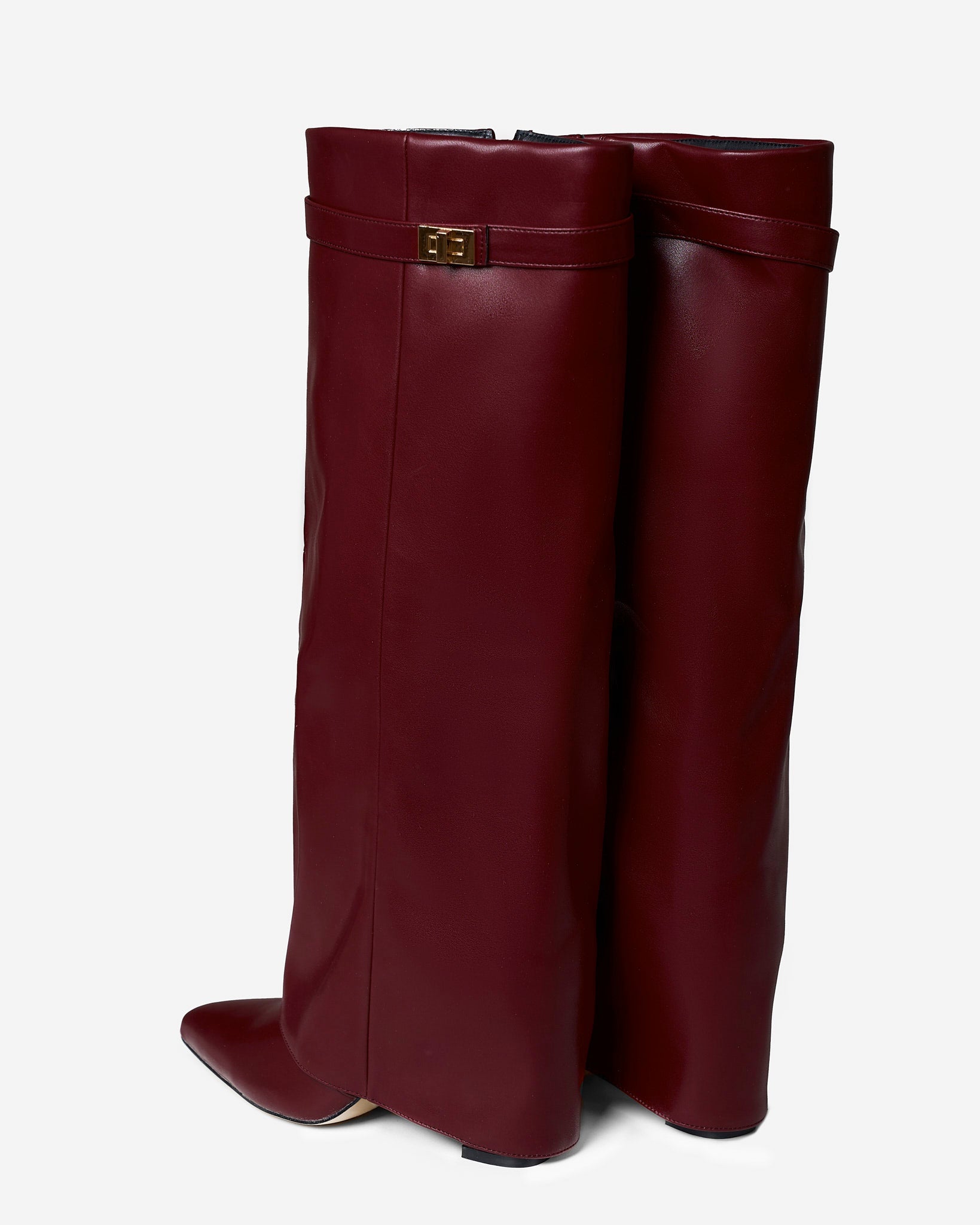 Burgundy Leather Knee-High Boots with Buckle Detail