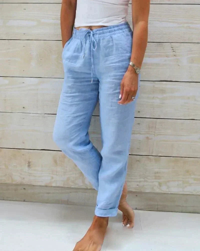 Women's Linen Blend Trousers with Elastic Waist