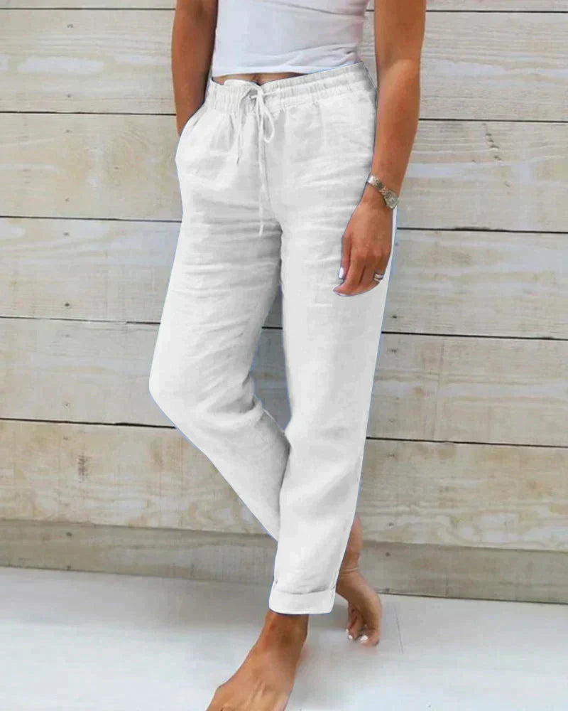 Women's Linen Blend Trousers with Elastic Waist
