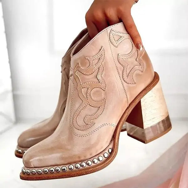 Embroidered Leather Chunky Heel Boots
