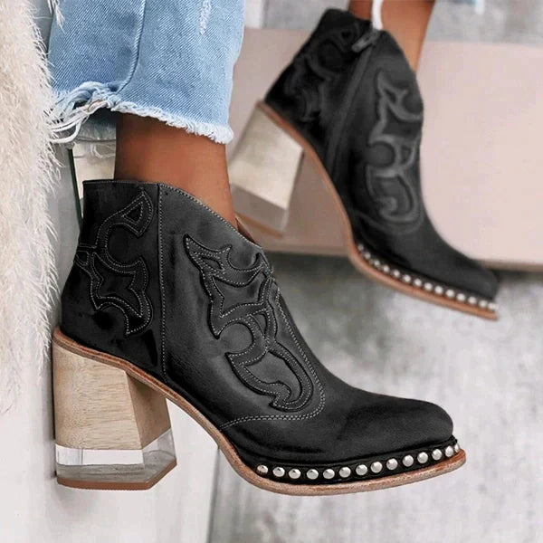 Embroidered Leather Chunky Heel Boots