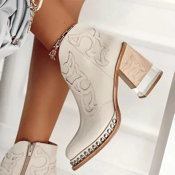 Embroidered Leather Chunky Heel Boots