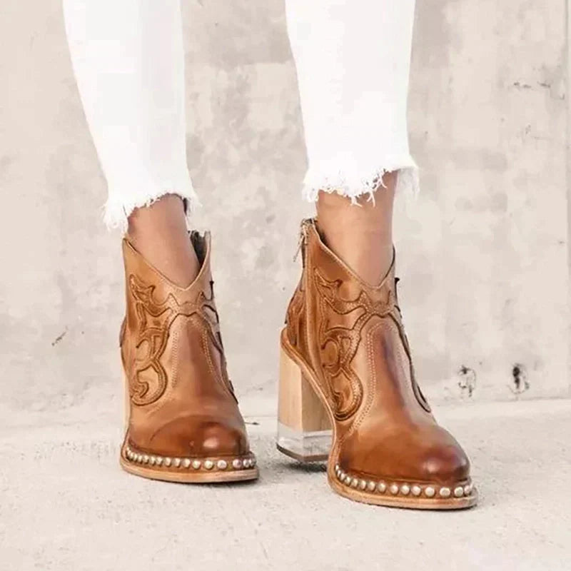 Embroidered Leather Chunky Heel Boots