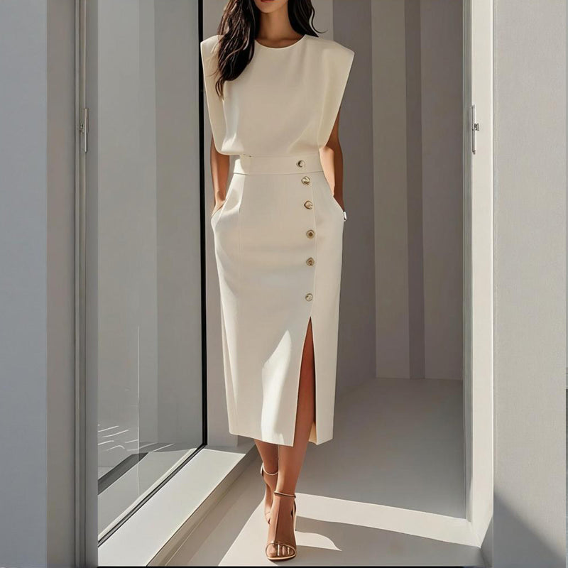 Structured Midi Dress With Button Detail and Split Hem