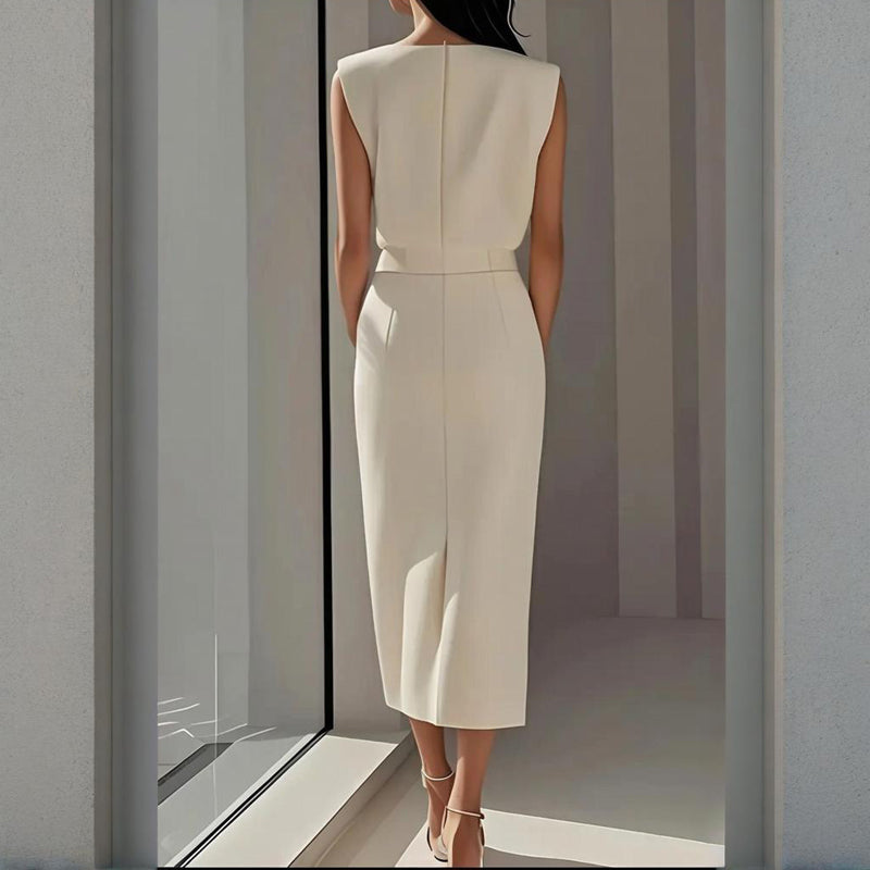 Structured Midi Dress With Button Detail and Split Hem