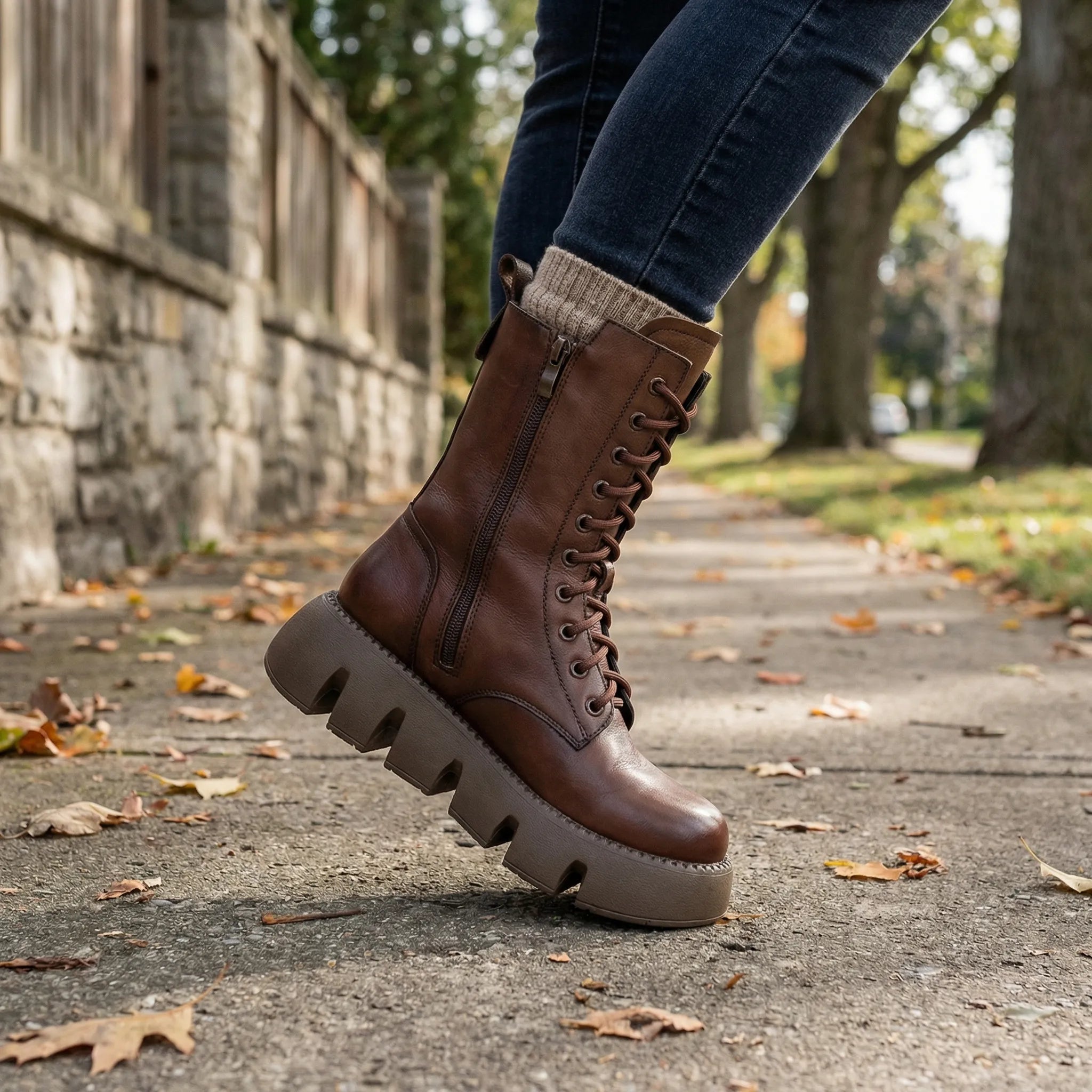 Arch Support Lace-Up Platform Combat Boots