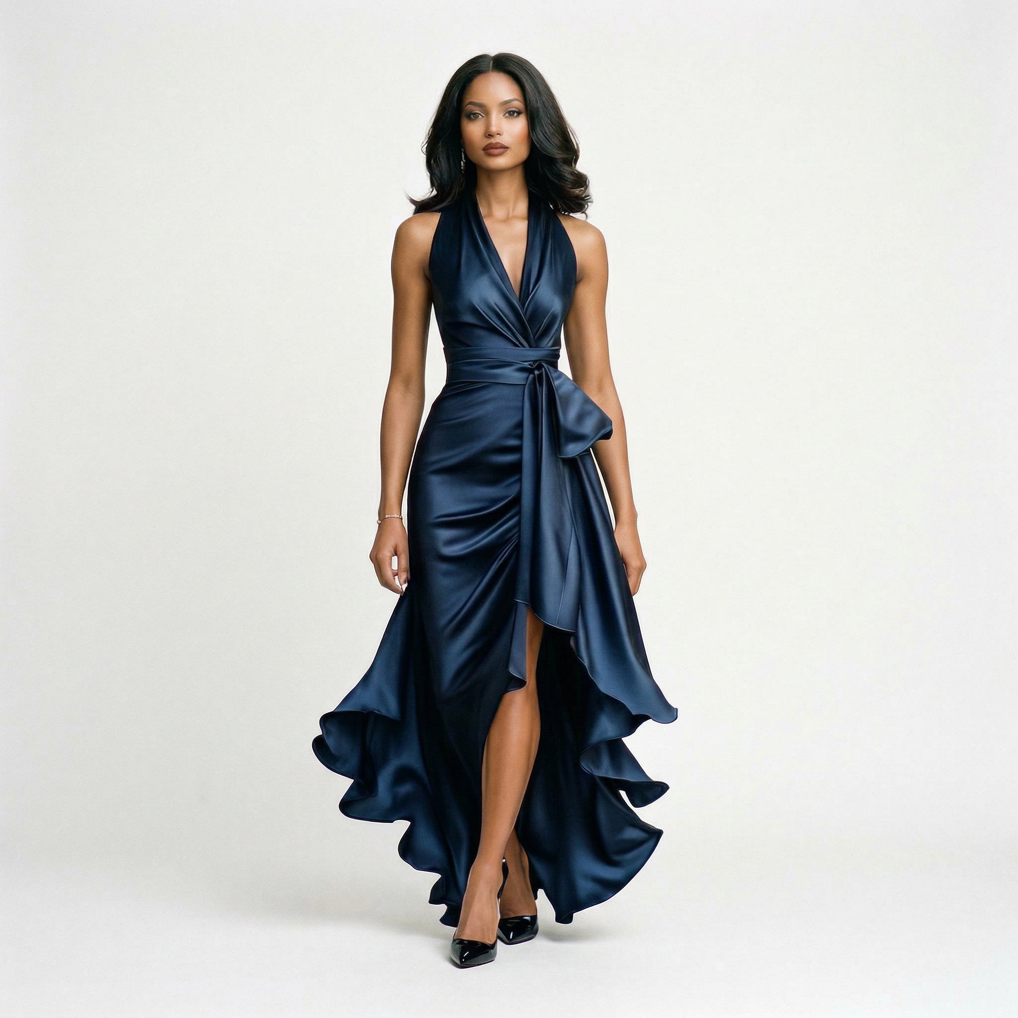 Satin Halter Ruffle Gown for Formal Events