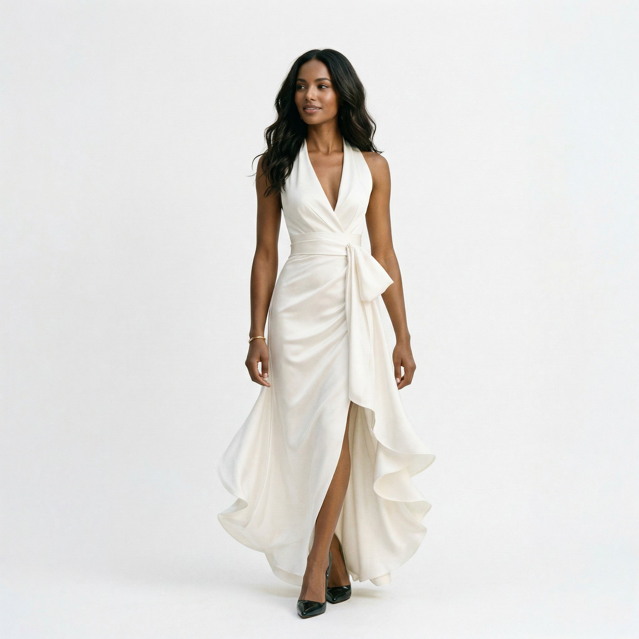 Satin Halter Ruffle Gown for Formal Events