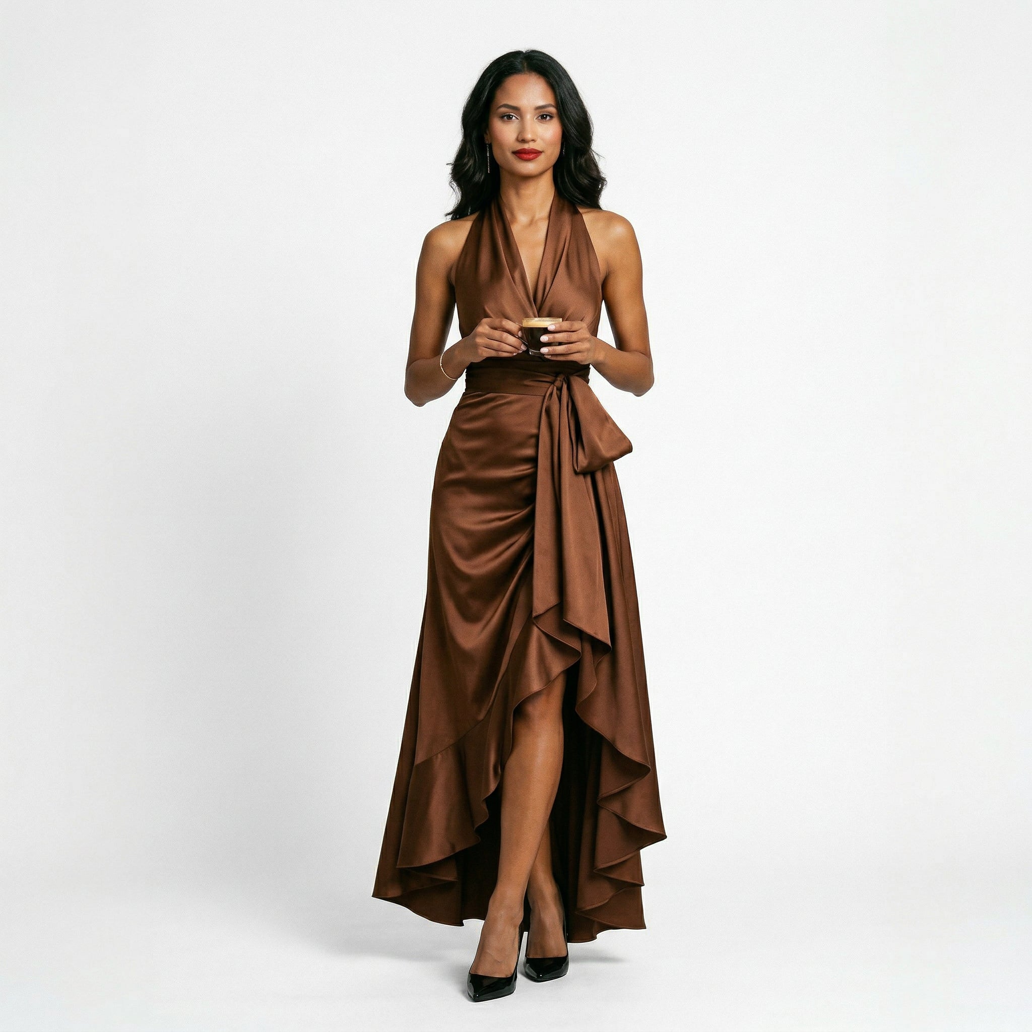 Satin Halter Ruffle Gown for Formal Events