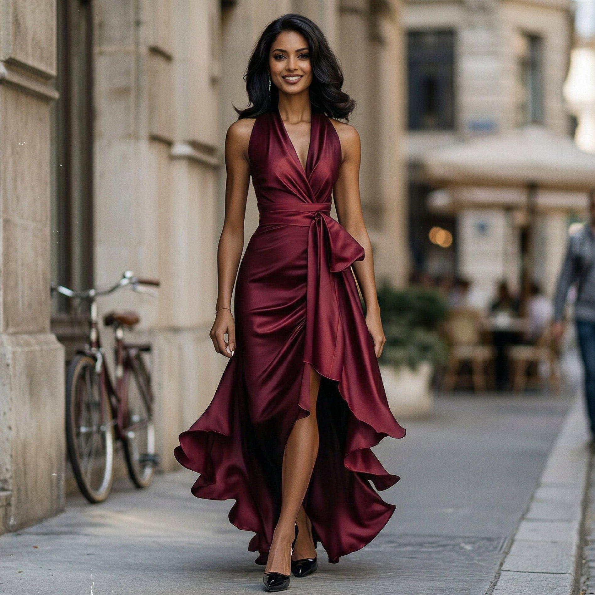 Satin Halter Ruffle Gown for Formal Events