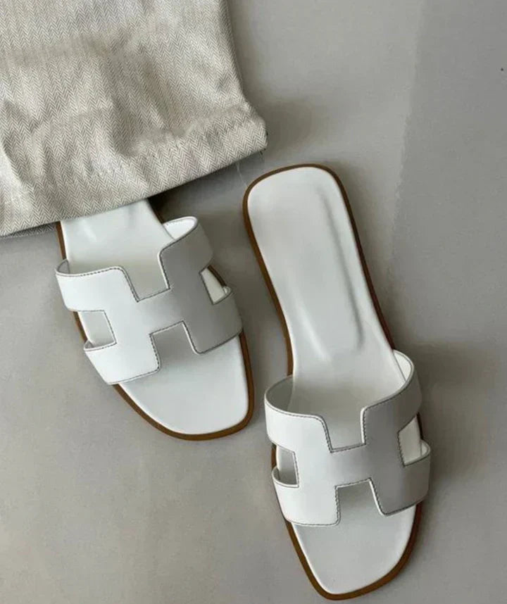 Leather H-Strap Low Heel Slip-On Sandal