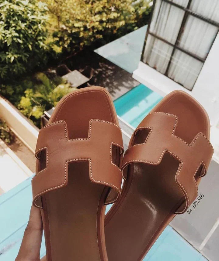 Leather H-Strap Low Heel Slip-On Sandal