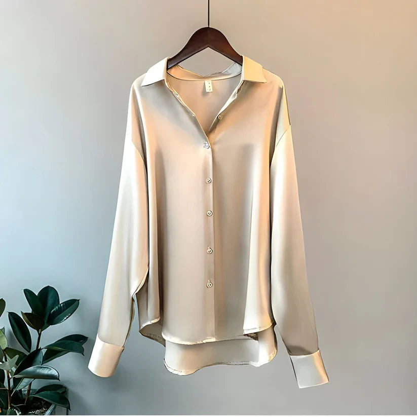 Silk Blouse for Women - White Long Sleeve Loose Elegant Office Top