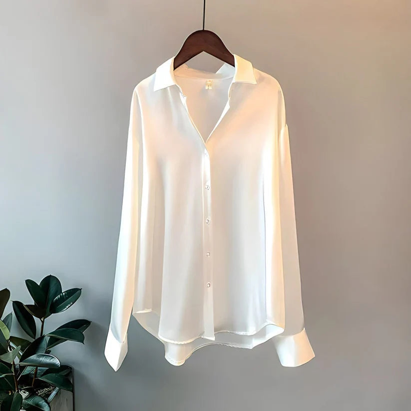 Silk Blouse for Women - White Long Sleeve Loose Elegant Office Top